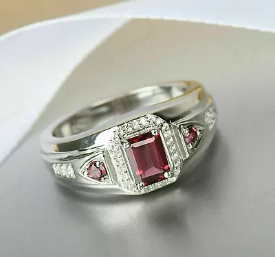 2.80 Ct Emerald Simulated Garnet/Diamond Halo Men's Ring 925 Silver Gold Plated. • $111.34