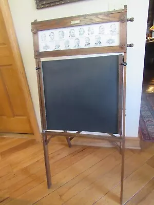 Antique Child's Wood Folding Easel Chalkboard Desk W/ Scrolling Lessons C.1918 • $99