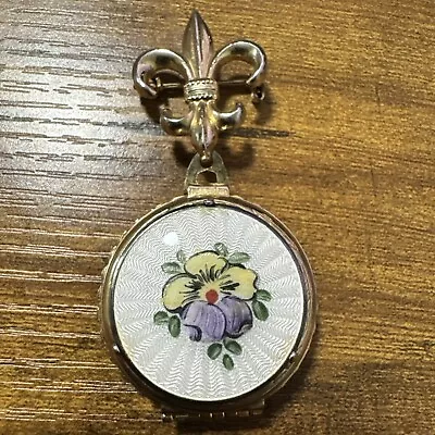 CORO Gold Tone Guilloche Enamel Fleur De Lis 4 Picture Locket Brooch Pin • $40