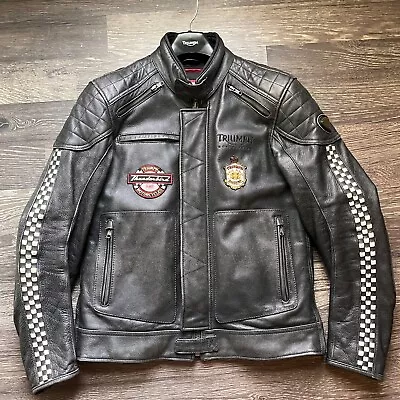 Triumph Motorcycle Leather Jacket Black White Checked Zip Liner Armored Medium • $129.95