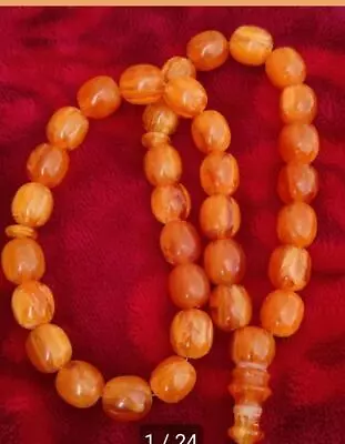 ANTIQUE  EGG YOLK BUTTERSCOTCH KAHRAMAN AMBER KOMBOLOI 33+2pc  PRAYER BEADS • $1475