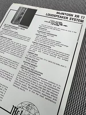 Mcintosh Xr 17 Loudspeaker: Techni-data Quicksheet J01154 • $14.99