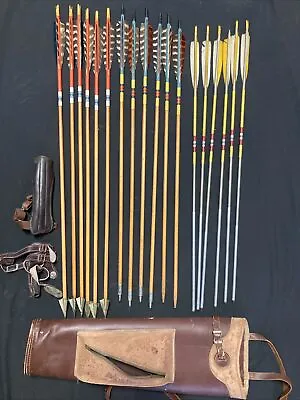Vintage Bear Archery Leather Arrow Quiver Brown 20  W/ 18 Arrows And Arm Guards • $96