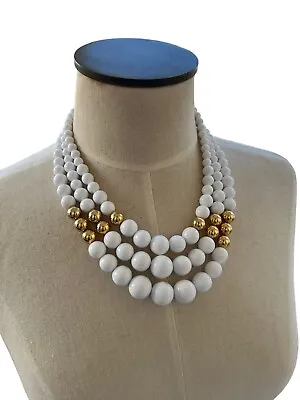 Vintage Monet 3 Strand Graduated White And Gold Bead Necklace 15”-18 • $24.99