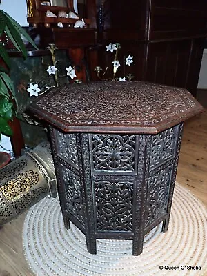 Indian Carved Folding Table Antique Folding Occassional Octagonal Early 20th C# • $498.87