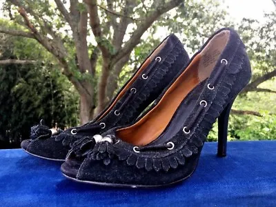 MIA Black Moccasin Hannah Kiltie Tassel Peep Toe High Heels Shoes Women Sz 7 👠2 • $14