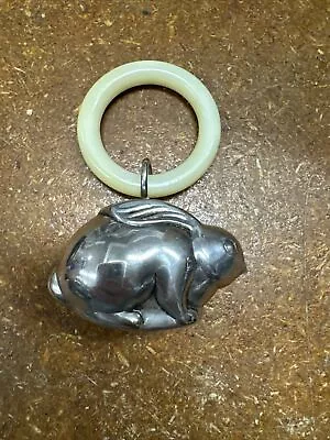 Vintage Silver Tone Baby Rattle And Teething Ring Rabbit Plastic • $25