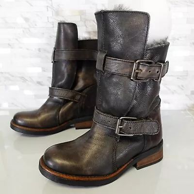 Vintage Steve Madden Boots Women 5 Black Leather Mid Calf Fur Buckle Winter Vtg • $70.99