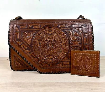 Vintage Handmade Mexican Maya Tooled Leather Handbag Clutch Purse • $84.96