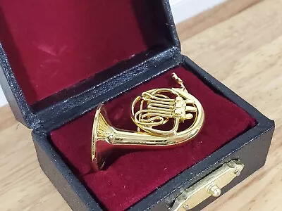 Miniature French Horn Gold Brass Metal Instrument With Case 1:12 Scale Dollhouse • $14.99