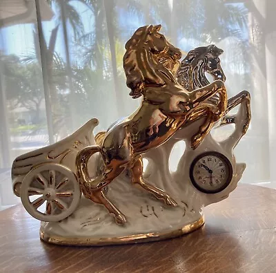 Vintage Equestrian Horse & Chariot Mercedes Germany Mantle Clock Gold Silver • $80