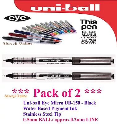 2 X Uni Ball Eye MICRO UB-150 Rollerball Pen ''BLACK'' Colour - 0.5mm TIP • £2.79