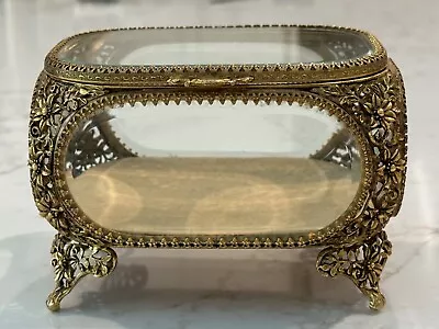 Vintage Floral Ormolu Filigree Jewelry Casket Trinket Box W/ Beveled Glass • $75