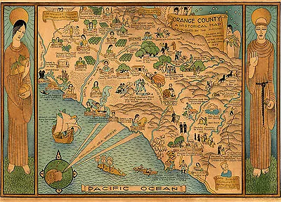 $37.95 • Buy 1922 Pictorial Historical Map Orange County California Wall Art Poster Vintage