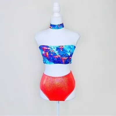 RaveAfterRave Blue Orange Tie Dye Tube Top Holographic Bottoms Choker Rave Set • $55