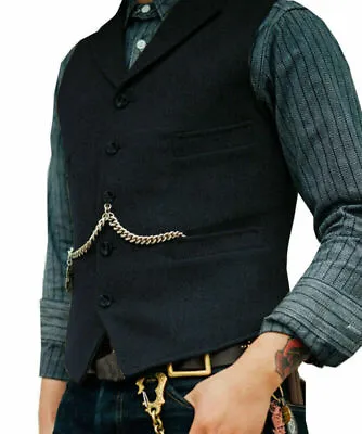 Mens Tweed Lapel Vest Jacket Herringbone Waistcoat Casual Formal Sleeveless Tops • $18.99
