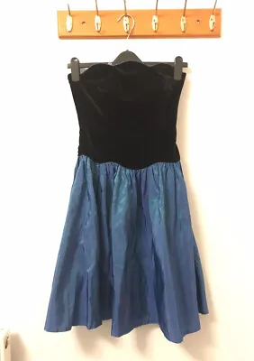 Vintage Laura Ashley Black & Blue Rara 80s Style Boned Corset Dress Size UK 10 • £65