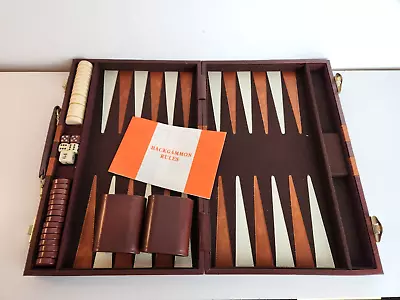 Backgammon Set Board Game Travel Briefcase W Handle CIB Vtg MCM Retro Brown 70s • $24.99