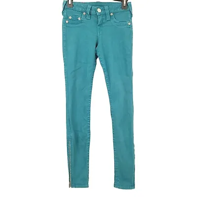 True Religion Tara Skinny Jeans Green Stretch Ankle Zipper Size 23 LowRise Denim • $22.40
