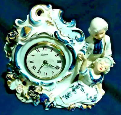 Vintage Linden Porcelain Shelf Mantel Clock Blue White Colonial Man Woman Japan • $31.99