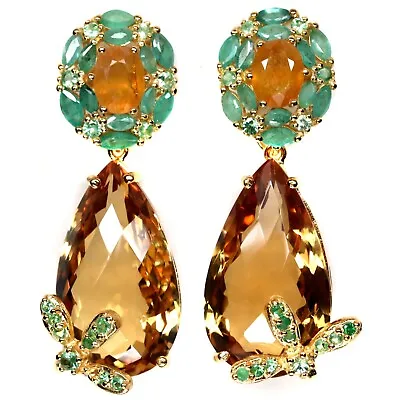 $544.03 • Buy 14 X 25 MM. Golden-Yellow Sapphire Earrings Tsavorite-Garnet Earrings 925 SIlver