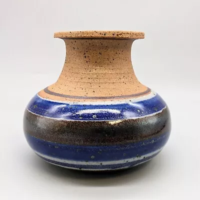 Vintage Helle Allpass Denmark Art Pottery Vase Blue Stripe Ceramic MCM 5  • $54