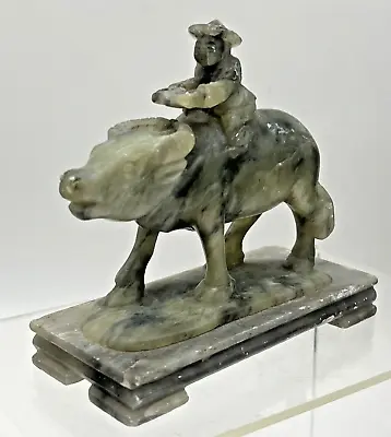 Vintage Chinese Carved Green Soapstone Sculpture Man Riding Water Buffalo • $14.99