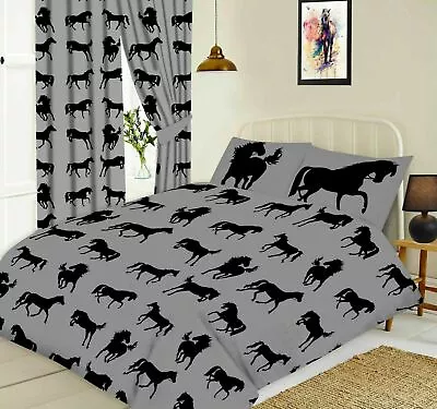 Horses Equestrian Horse Pony Grey Black King Size Duvet Cover Bedding Set Gift • £23.49