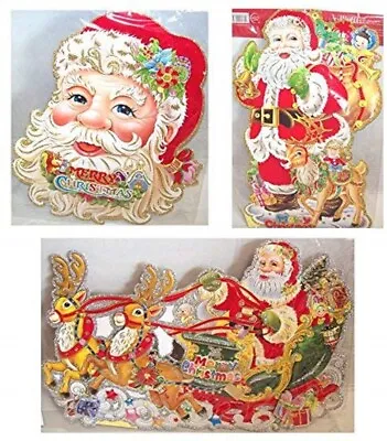 Christmas Wall Decorations Santa Reindeer Card Decorations With Glitter (9730) • £2.99