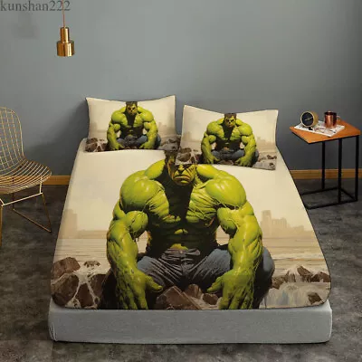 Hulk Marvel Bedding Set 3PCS Fitted Sheet Deep Pocket Bed Sheet Two Pillowcases • $46.54