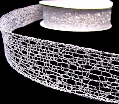 5 Yards Christmas Silver Sparkle Glitter Mesh Web Wired Ribbon 1 1/2 W • $4.95