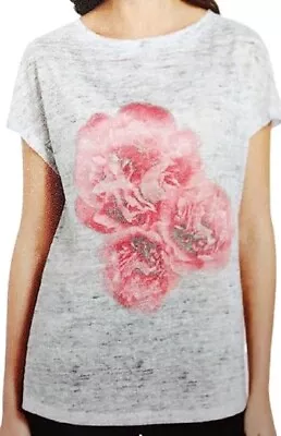 Nicole Miller NWT Women's S XL Gray Slub Tee Top W/ Pink Peony Flower • $13.20