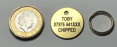 22mm LASER ENGRAVED BRASS PET TAGS ID DISC TAG CAT DOG METAL BRASS + SPLIT RING • £2.75