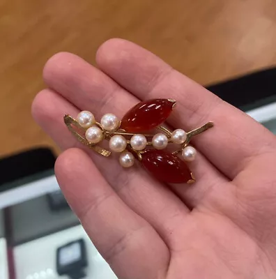 Ming's Hawaii 14k Yellow Gold Carnelian And Pearl Brooch Or Pendant • $890