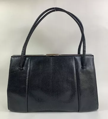 Waldybag Black Vintage 1950s Lizard Embossed Leather Handbag Buff Suede Lining • £65.99