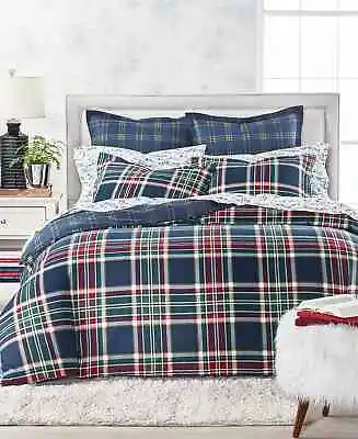 Martha Stewart Navy Plaid Holiday Flannel Duvet Cover Set Twin Or Full/Queen • $229.99