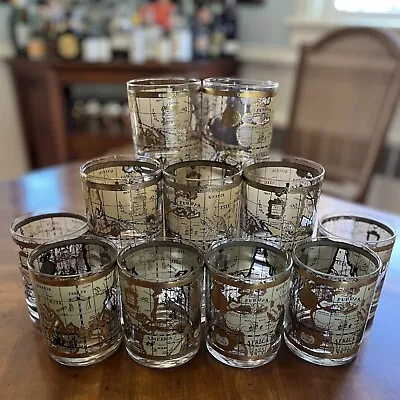 11x Cera World Map 22k Gold Vintage MCM Lowball Rocks Tumbler Cocktail Glasses • $285