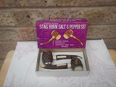 Vintage Boxed Stag Horn Pipe Salt And Pepper Shakers  Unused  Fake Horn   • £12.99