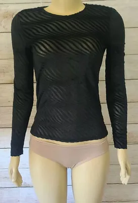 $22 • Buy Zara Women Black Velvet Sheer Top  Long Sleeves Round Neck Blouse Shirt Size S