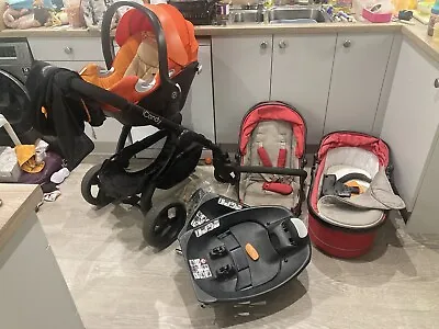 Icandy Peach 3 Red Pram/pushchair With Cybex Aton Q Car Seat And 2 Isofix Bases • £175