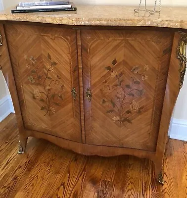 Antique FRENCH Floral Inlaid Two Door Sienna MARBLE Top SERVER Cabinet Bar • $1593.75