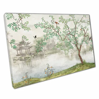 Tree Lake In Japan Crane Birds Traditional Garden Painting Art Print On Canvas • £9.70