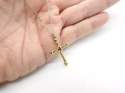 Purple Rhinestone Gold Tone Metal Cross Chain Necklace Vintage • $10.21