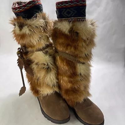 Muk Luks Boots Womens Size 7 Faux Fur Knee High Brown Feather And Beads • $35.20