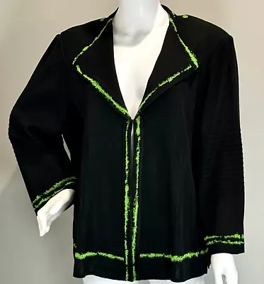 Ming Wang Cardigan Womens 1X Black Green Knit Sweater Jacket Long Sleeve • $88.99