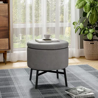 Round Stool Storage Ottoman Box Padded Pouffe Seat Fabric Coffee Table Metal Leg • £40.95