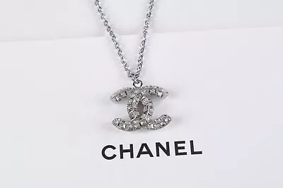 Classic CHANEL Glass Crystal Silver Plate CC Logo Pendant Necklace • $174.99
