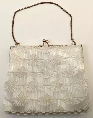 $22.95 • Buy Vintage Ivory White Beaded Wavy Clutch Purse Hand Bag Hong Kong