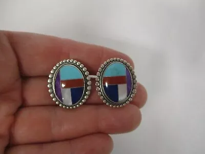 Vtg Native American Qt Quoc Turquoise Sterling Silver Inlay Gemstones Earrings • $56.25