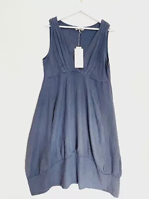 Ellamoda Pure Linen Balloon Dress Size M Blue Sleeveless Pockets Lagenlook • £19.99